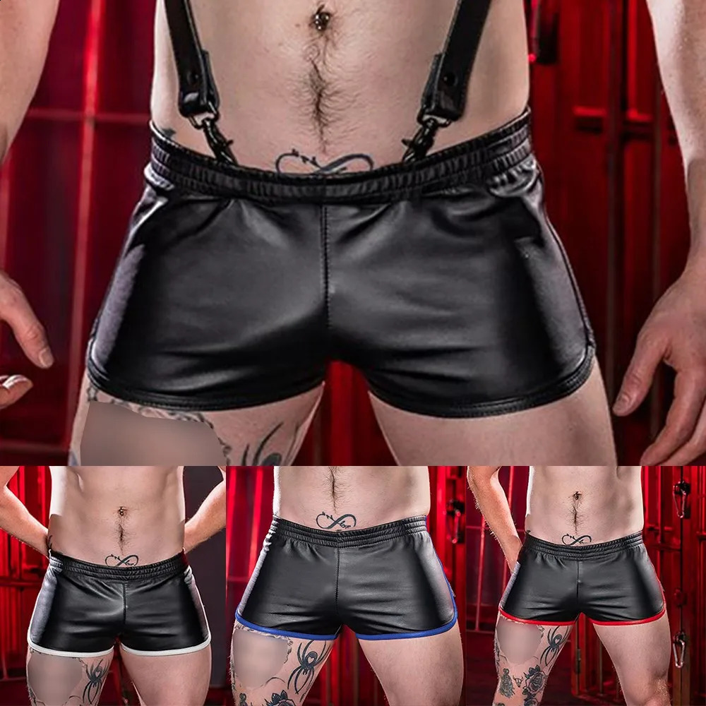 Male Faux Leather Gym Sports Shorts Retro Gay Adult Boxer Fetish Underwear Exotic Lingerie Elastic Sexy Underpant Mens Pants 241105