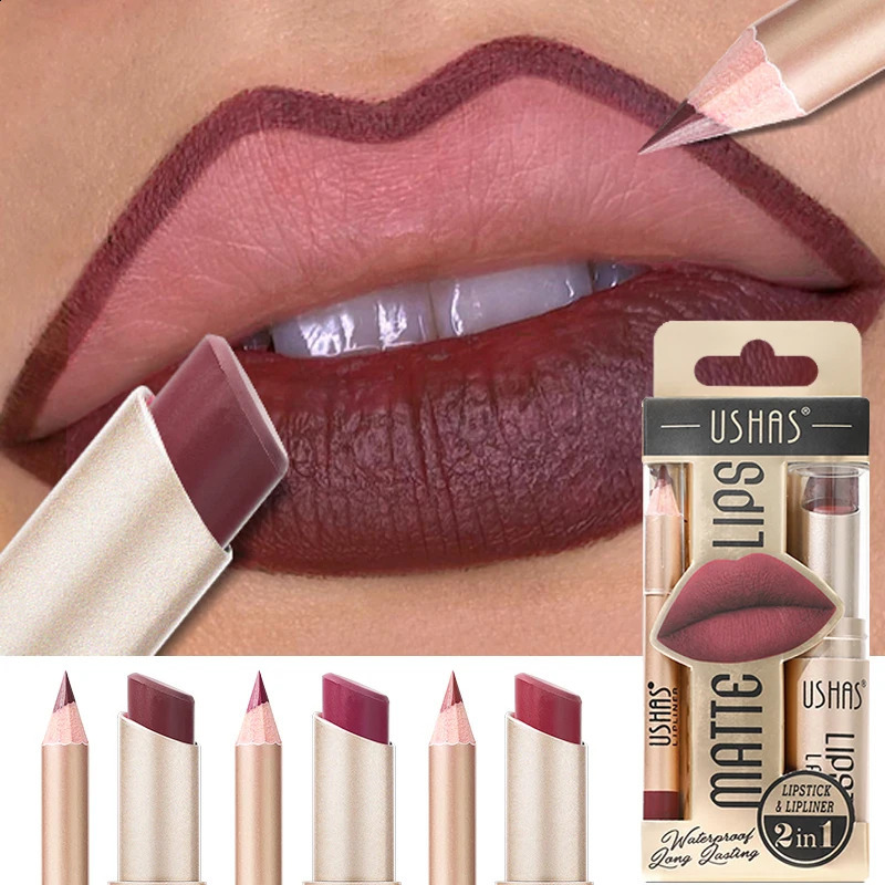 2 In 1 Lipstick Set Makeup Matte Lipstick Lip Liner Pencil Waterproof Lasting Cosmetics Nude Brown Contour Tinted Lip Balm Kit 241105