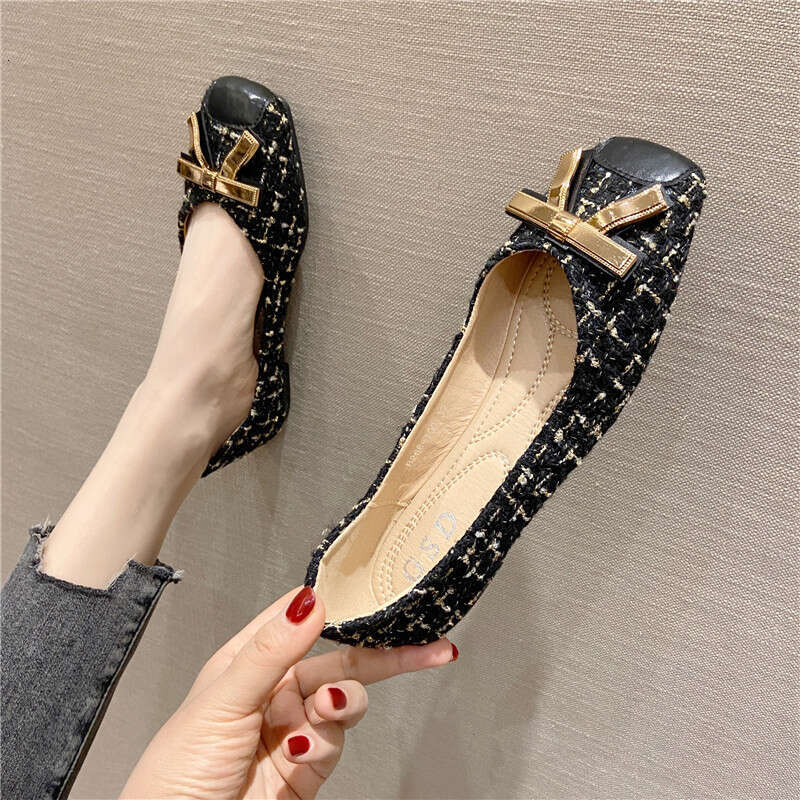 Single Shoe Metal Buckle Square Toe Ladies 2023 Spring New Style Shallow Mouth Temperament Daily Four Seasons Bottomed Flat Heel Women's Shoes