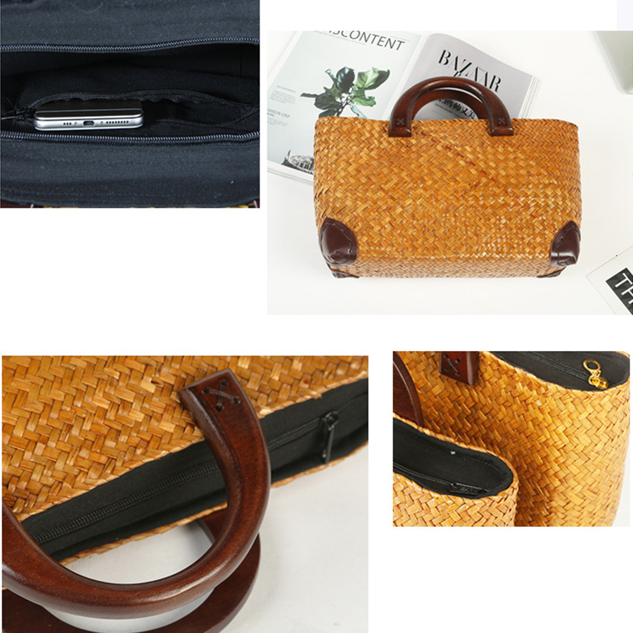 Exquisite Braided Straw Summer Beach Totes Wooden Handle Rattan Travel Bag Woven Clutch Purse And Handbags Bolsas