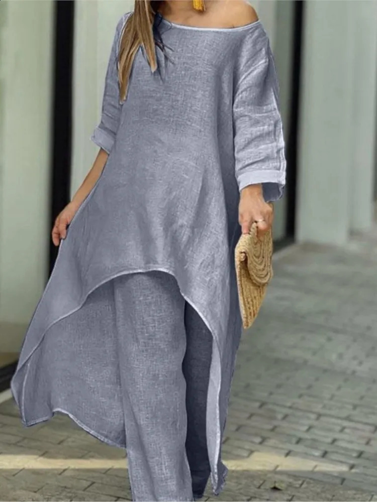Womens Cotton Linen Long Pants Sets Fashion Solid Casual Irregular Tops Wide Leg Pant Suits Office Lady Two Piece Clothes 241105