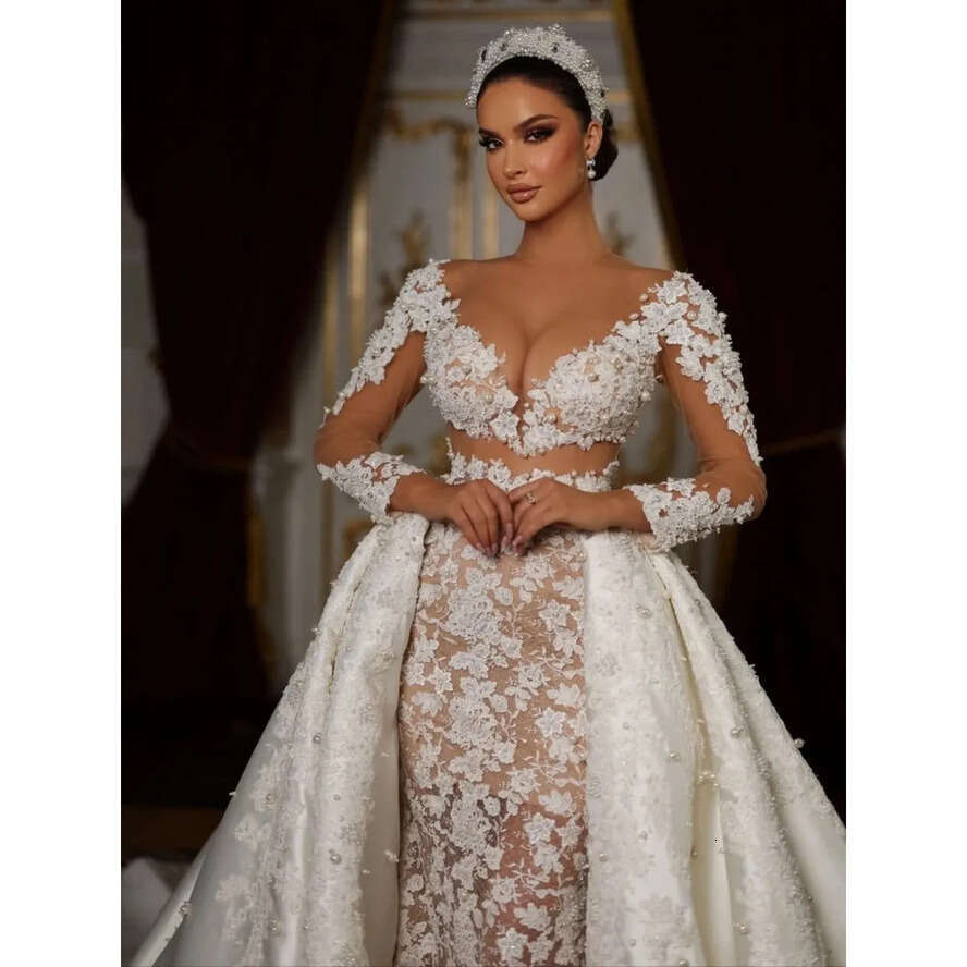 Lace Mermaid Ful Wedding Dress Pearls Applique Strapless Bridal Gowns With Overskirts Bride Dresses Custom Made Vestido De Novia Es