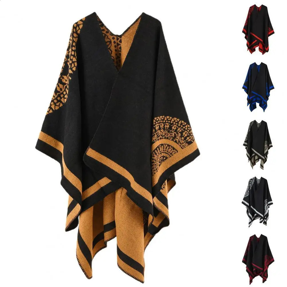 Poncho Coat Thickening Patchwork d Cashmere Split Shawl Cloak Scarf Soft Touching Women Cape y 241105