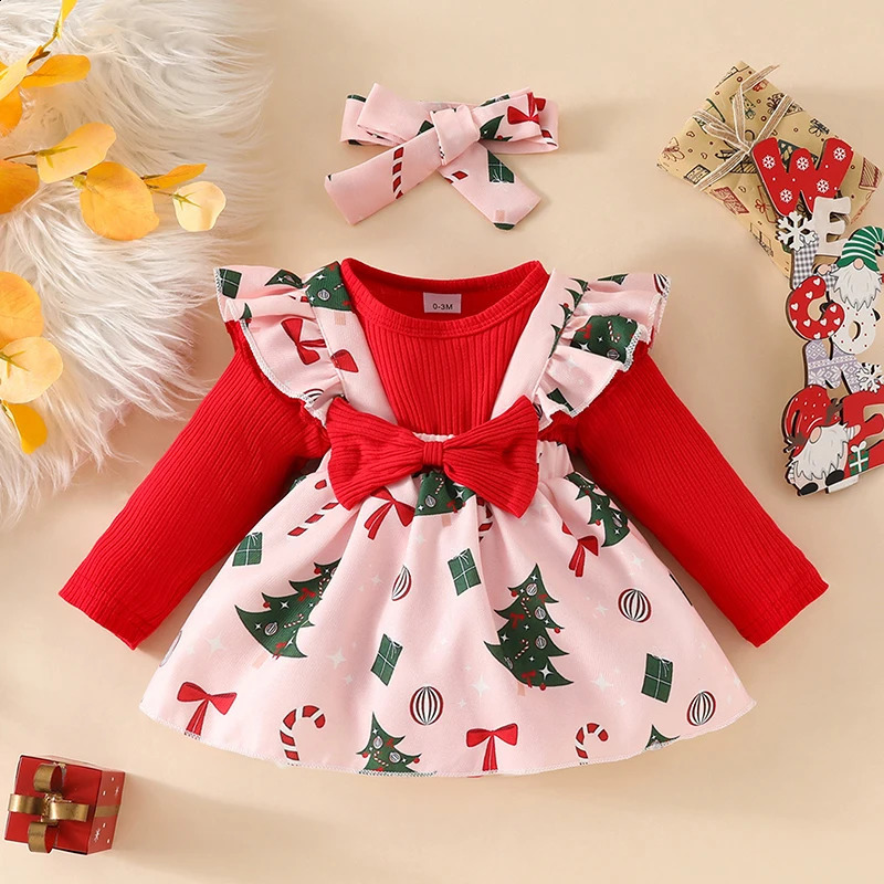 Citgeett autumn baby clothing long sleeved jumpsuitbow suspension skiingheadband set clothing 241105