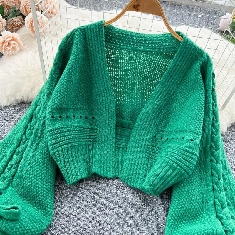 Green Casual Acrylic Knit VNeck Lantern Long Sleeve Lace Up Womens Cardigan Sweater Short For Women Clothing 2024 241105