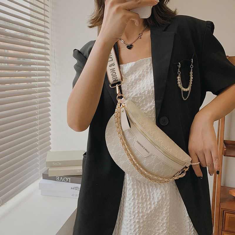 New designer fashion printed chain women's waist bag wide shoulder strap crossbody bag handbag