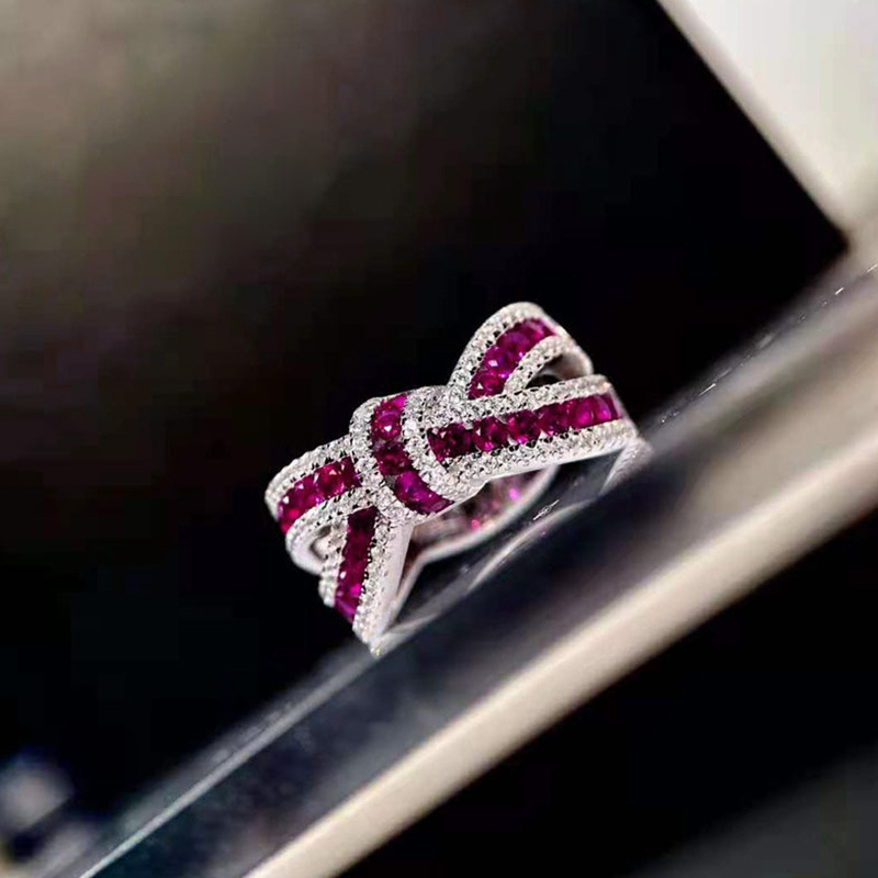 Ring 925 sterling silver bow diamond ring ribbon irregular bar cross crystal ring light luxury fashion wedding ring