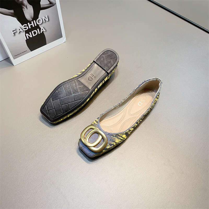 Evening Breeze Shallow Mouth Single Women's Korean Edition Spring And Summer New Style Metal Buckle Folded Silk Square Head Soft Bottom Flat Heel