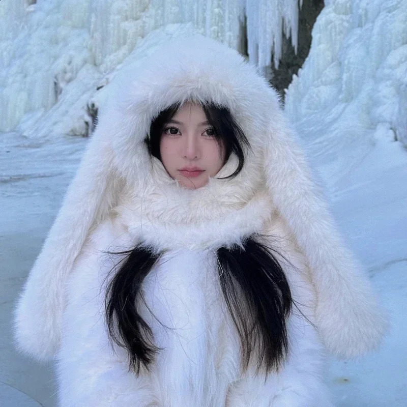 Womens Fur Balaclava Hat Cute Rabbit Ears Plush Winter Warm Thickened Anticold Scarf One Threedimensional Doll Cap 241105