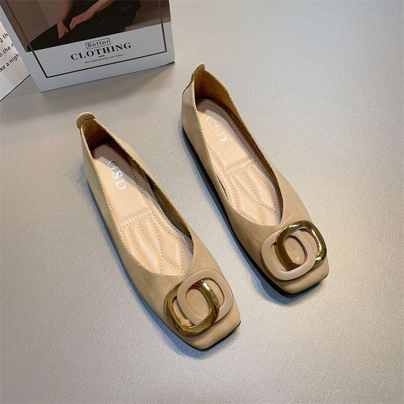 French Style Scoop Shallow Mouth Single Shoes, Women's Korean Version, Spring And Summer New Item, Metal Buckle, Gentle Style, Flat Bottomed Squa