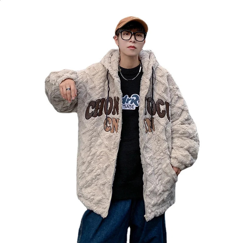 YASUGUOJI Fashion Vitage Embroidery Lamb Wool Fur Coat for Men Winter Thicken Warm Zipper Loose Hooded Cotton Jacket Men 241105