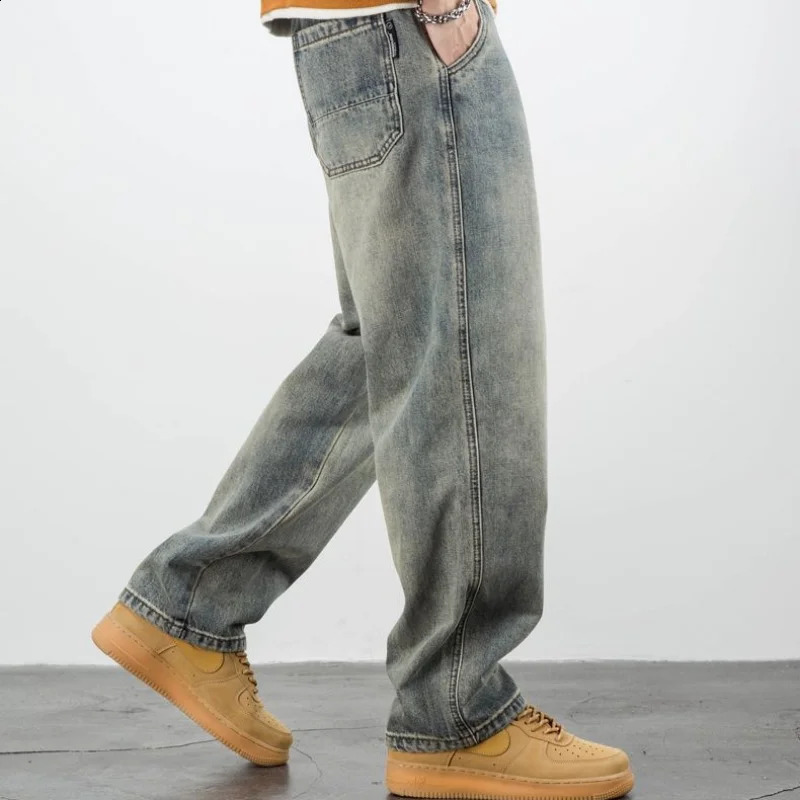 Stretch Mens Jeans Washed Motorcycle Trousers Vintage Man Cowboy Pants Punk Loose Straight Retro Baggy ner Casual Goth Xs 241105