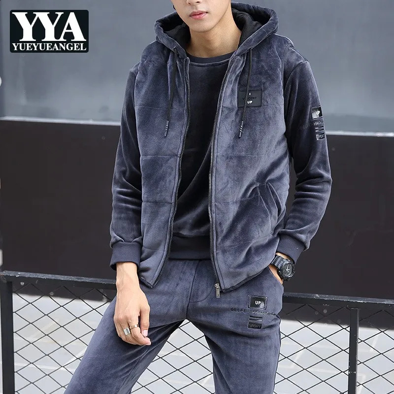 Winter Mens 3pcs Velvet Tracksuit Hoddie Vest Coat Sweatshirt Pants Suits Casual Joggers Fitness Sets Fashion Warm Track Suit 241105