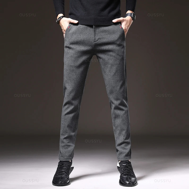 Four Seasons Mens Brushed Fabric Casual Pants Business Fashion Slim Fit Stretch Thick Gray Blue Black Cotton Trousers Male 240411