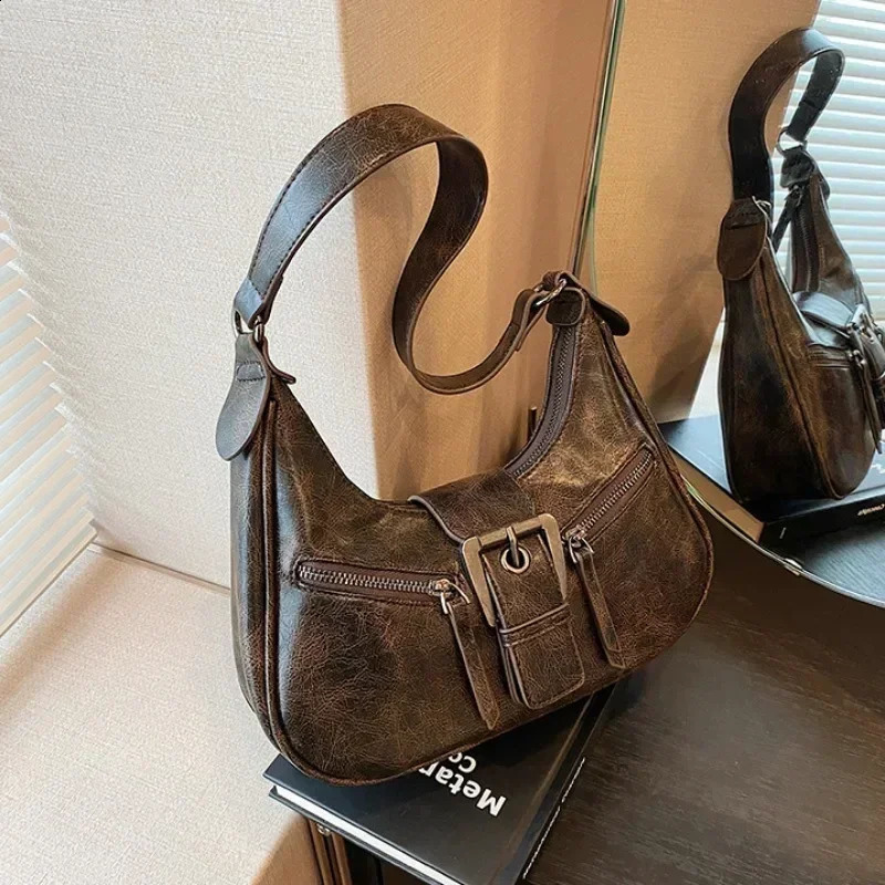 Retro Belt PU Womens Leather Shoulder Bag Y2K Small Retro Womens Underwear Horizontal Bag Fashion Handbag 241105