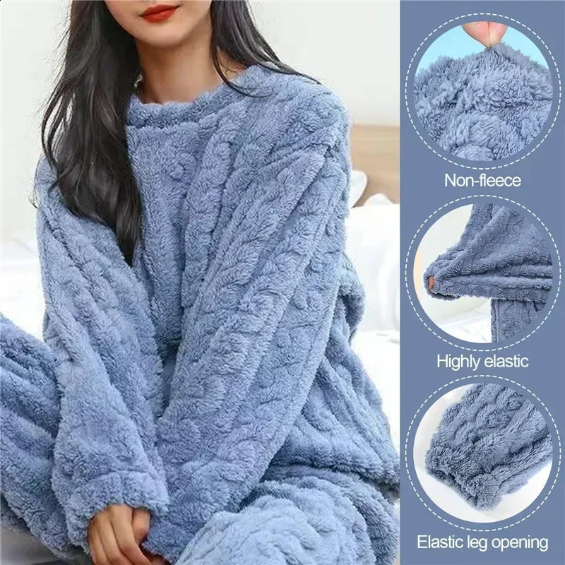2 Sleepwear Women Piece Suit Fleece Pajamas Night Warm Home Solid Fluffy Velvet Set Piiama Pant Wear Winter Casual O-neck 241105