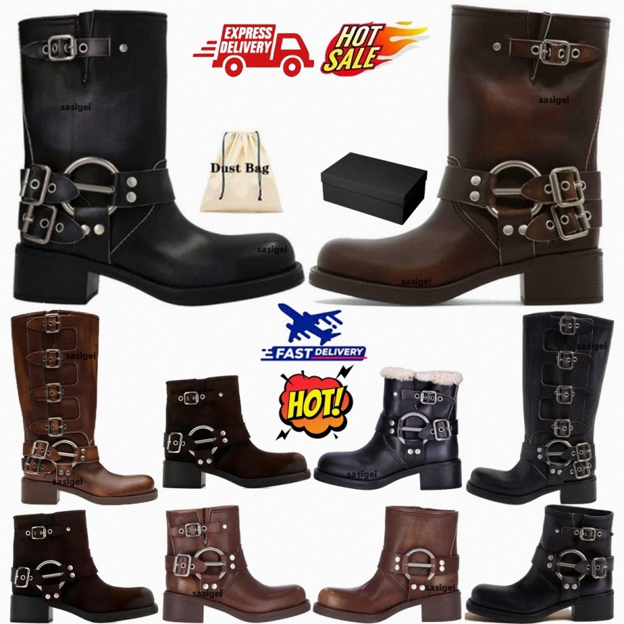 Designer Boots Chunky Heel Comfort Harness Boot Belt Black White Brown Buckled Cowhide Leather Biker Knee Zip Knight Fashion Square Toe Ankle Booties