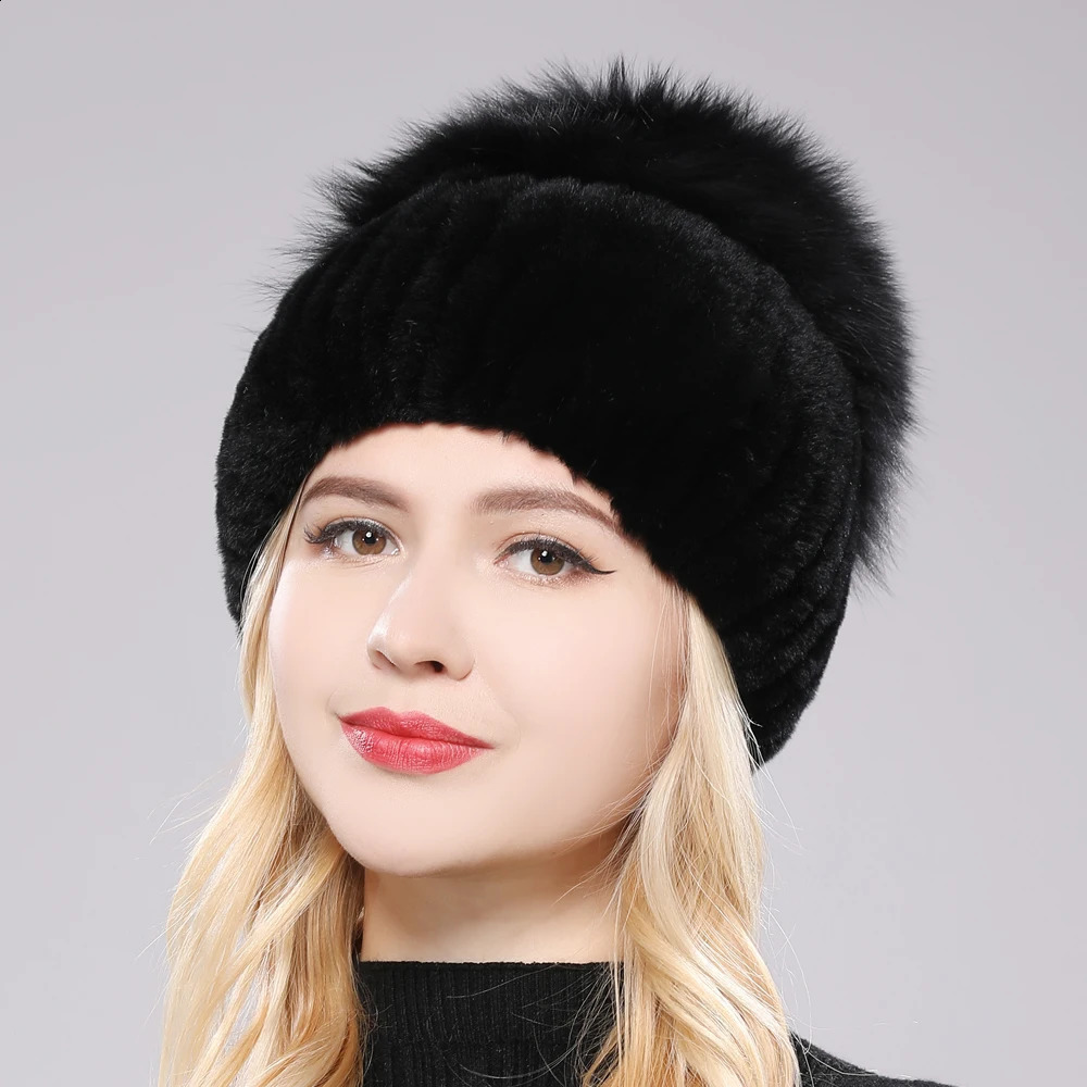 Females Hat Good Elastic Natural Fluffy Real Fox Fur Winter Women Knitted Rex Rabbit Hats Lady Cap 241105