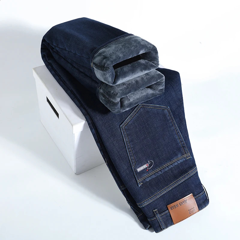 2024 Winter Fleece Thick Warm Men Jeans Slim Skinny Stretch Straight Classic Version of Denim Plush Pants Male Clothing 241105