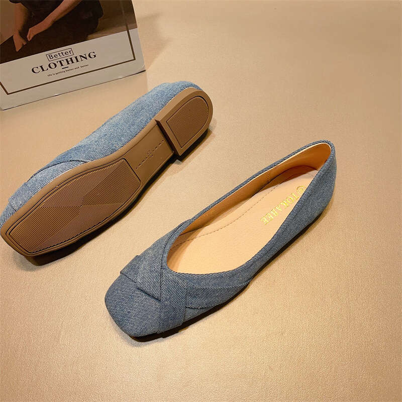Tmpramnt Fairy Styl Comfortabl Soft Sold Ban Shos For Womn Koran Vrsion Nw Dnim Fabric Surfac Simpl Shallow Mouth Squar To Flat Sol Singl