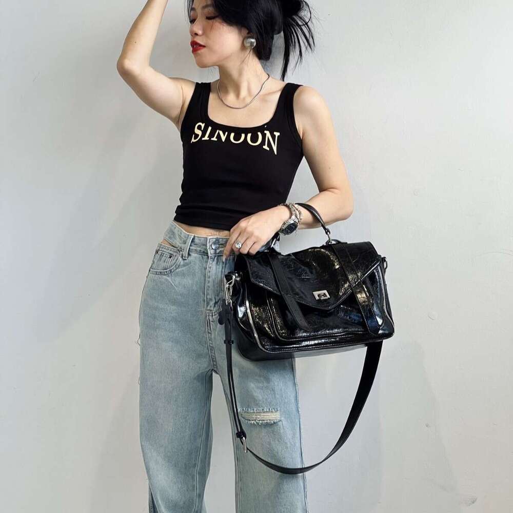 Classic Vintage Dark Motorcycle Style Bright Oil Wax Cowhide Handheld Messenger Bag Female Shoulder Crossbody Purse