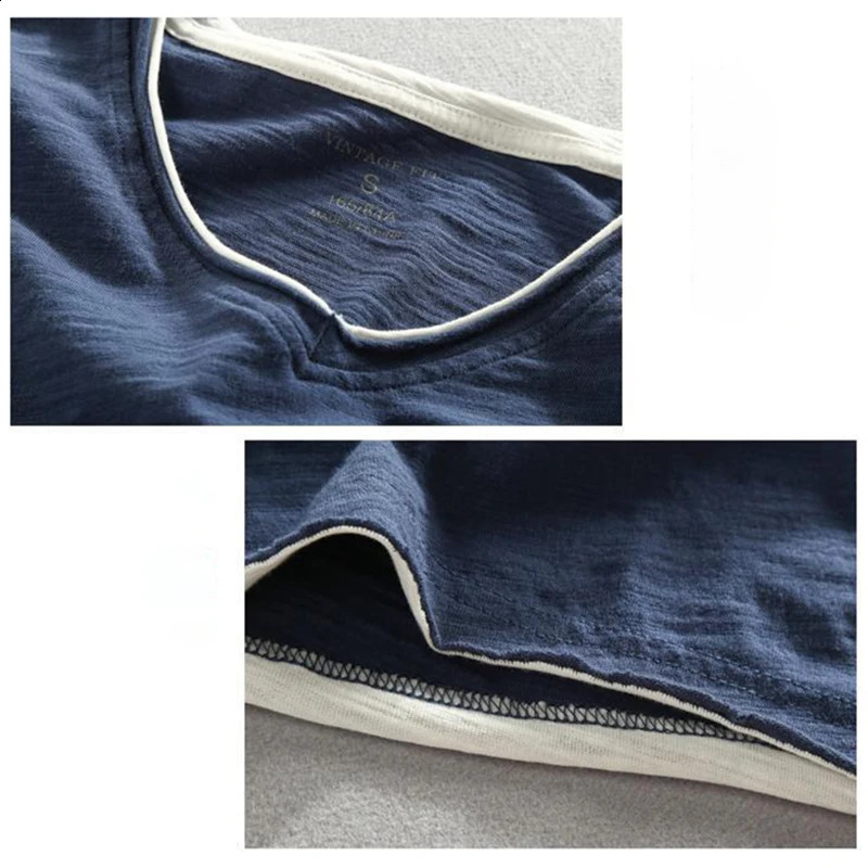 Mens Long Sleeve T-shirt Cotton V-neck Solid Casual Tops Tees for Men Japanese Vintage Frayed Collar and Raw Edges Tshirt 241105