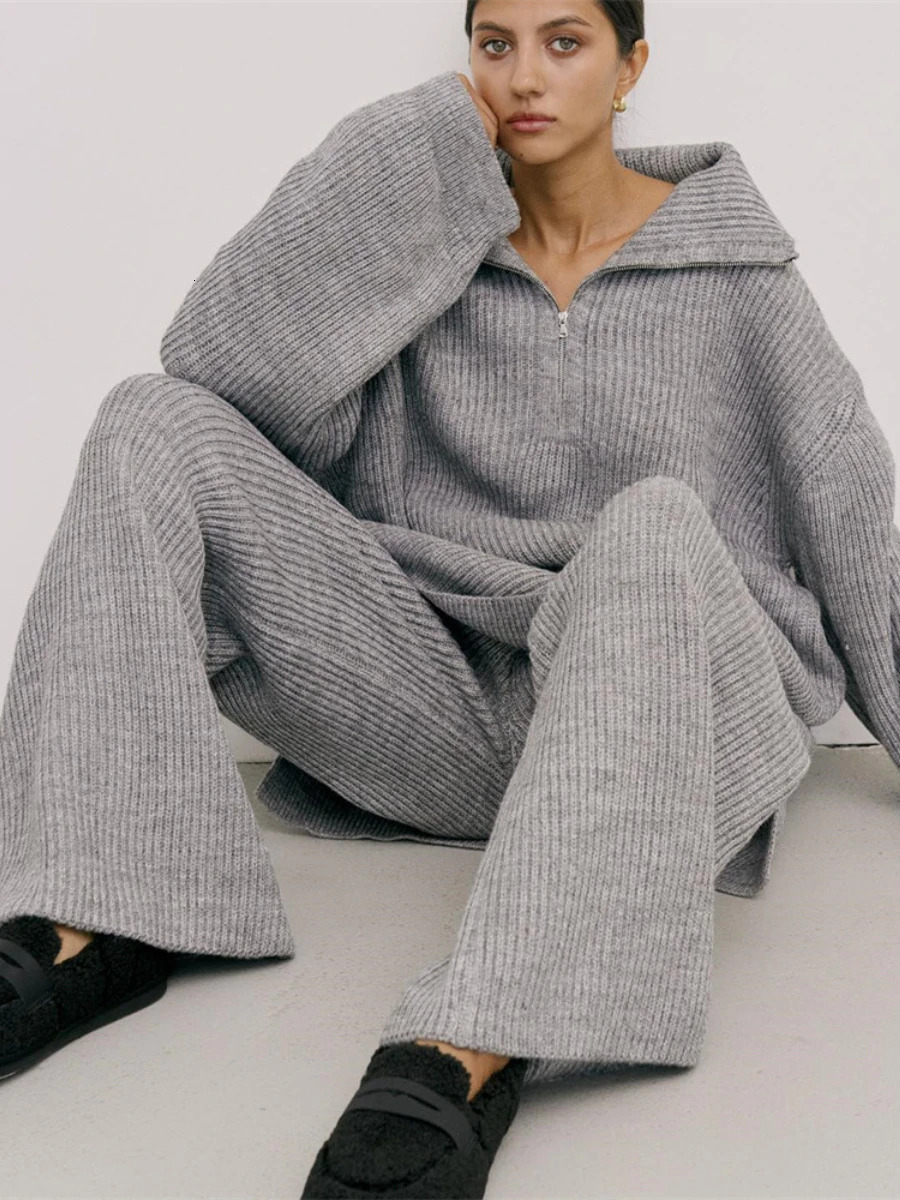 Wolfeel Winter Thick Women'sknitted Pullover 2-Pieces Sets Half Zipperfemale Polo Neck Sweater & Wide Leg Pants Knitted Outfit