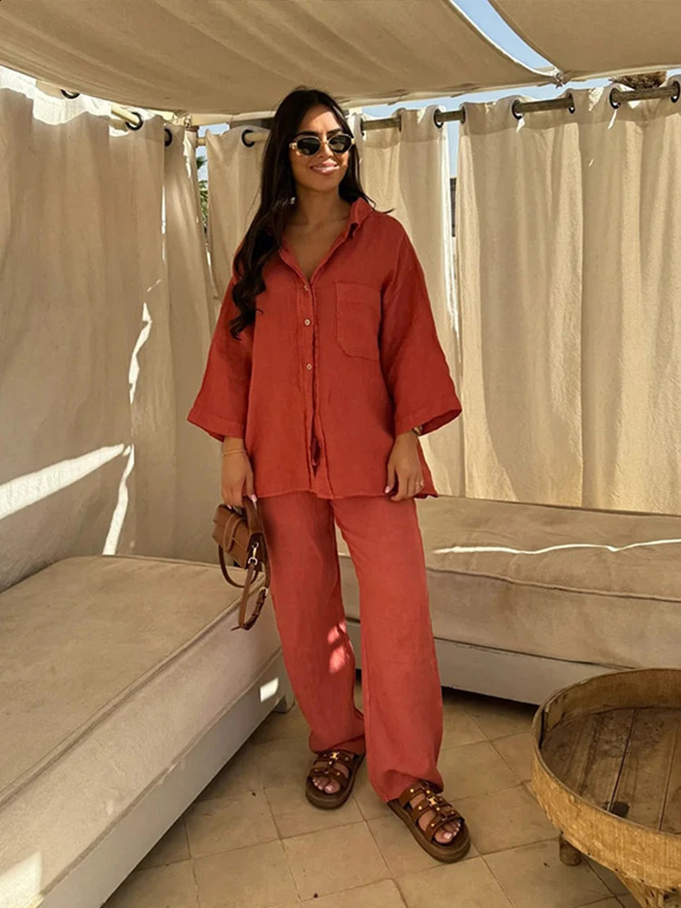 Cotton Linen Shirt Trouser Suit Women Loose Single Breasted Long Sleeve Top Wide Leg Pants Female Suit 2024 Summer 2 Piece Set 241105