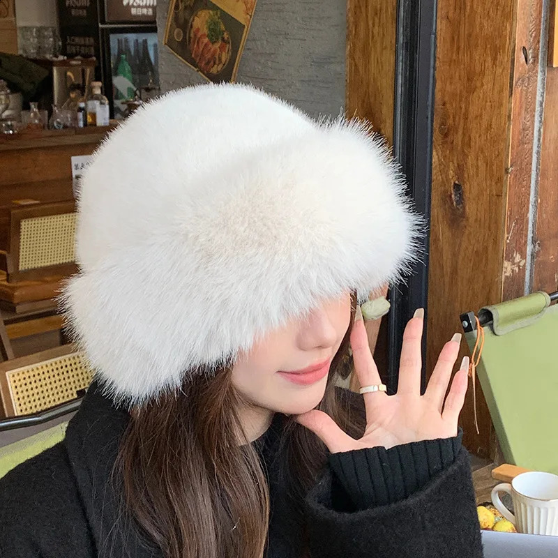 Women Fluffy Fur Fisherman Hat Winter Solid Plush Ear Protection Beanies Windproof Warm Headgear Fashion Female Panama Caps 241105