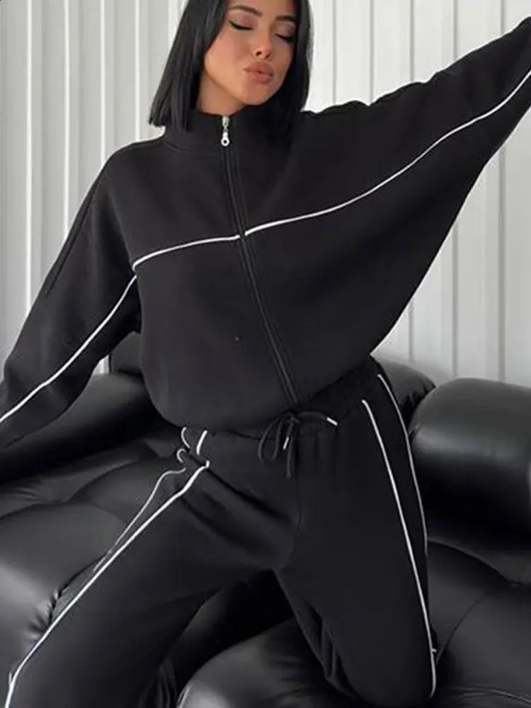 Sport Stripe Sweatshirt Two Piece Set Women White Turtleneck Long Sleeve Elastic Waist Pant Sets Female 2024 Autumn Winter 241105