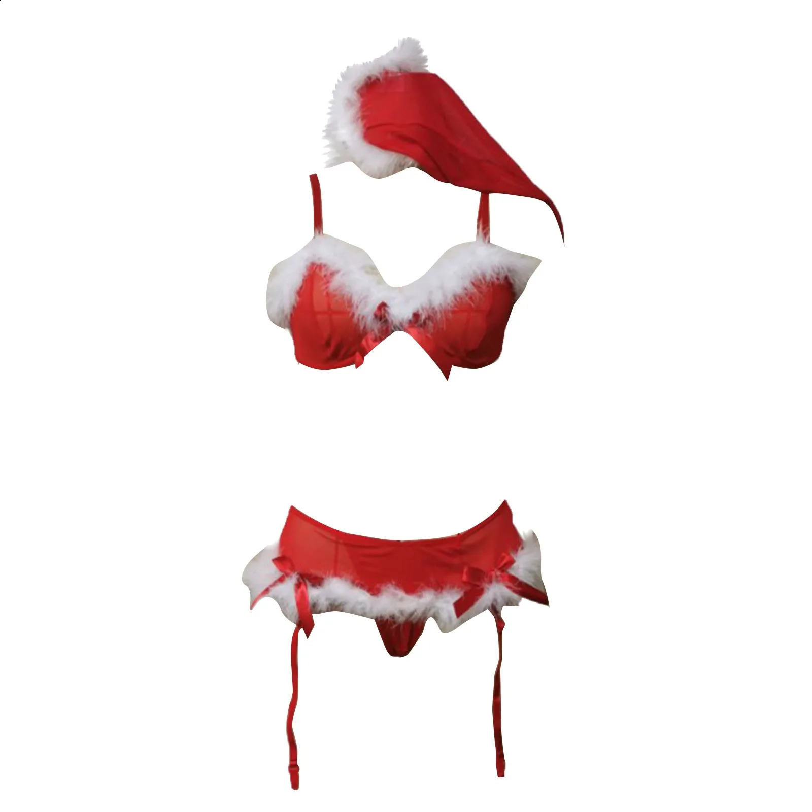 Women Christmas Lingerie Sets Santa Role Play Erotic Costumes Xmas Sleepwear Sexy Plush Bowknot Lace Underwear 241105