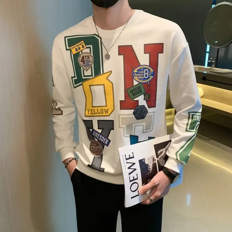 Fashion O-Neck Loose Printed Letter Sweatshirts Mens Clothing Autumn Winter Oversized Korean Tops Casual Sweatshirts 241104