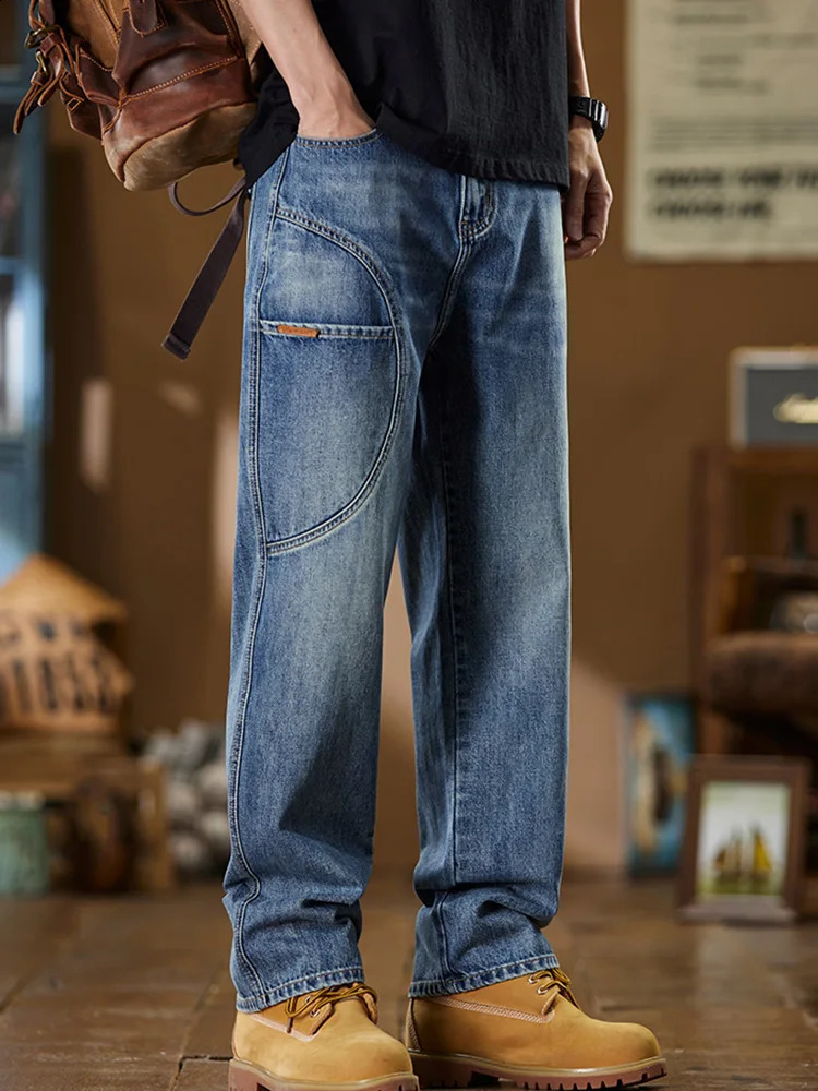 Korean Mens Casual Simplicity Solid Color Blue Long Loose Jeans Classic Male Straight Denim Wideleg Baggy Streetwear Pants 241105