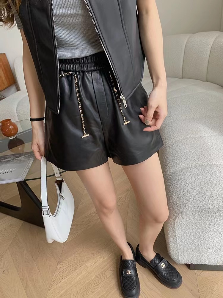 Women Genuine Leather Pants 2023 Versatile A-E Golden Chain Wide Leg Elastic Waist Shorts Grey Pantalones Casual Ropa Mujer