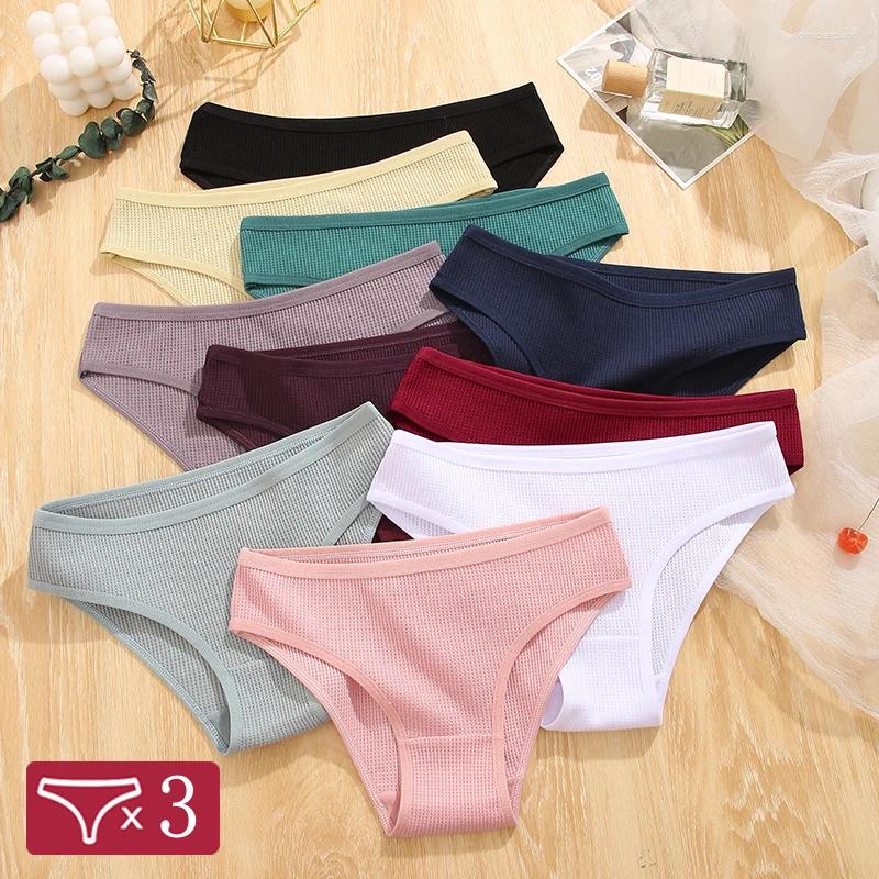 Women's Panties 3Pcs/Set Sexy Waffle Plaid Cotton Briefs Women Solid Color Low Waist Female Soft Breathable Lingerie Comfort Underwear