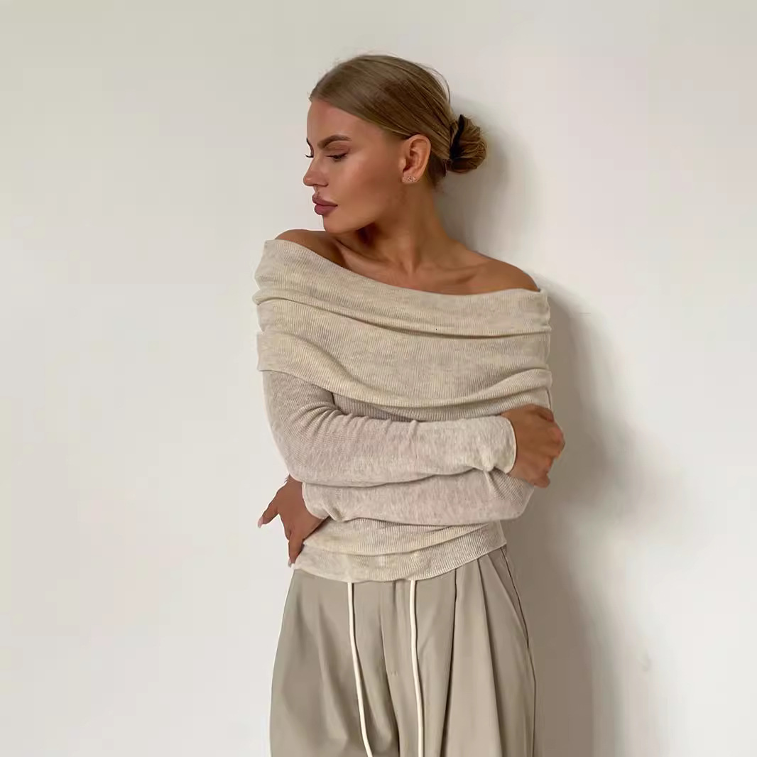 Spring Women's Sexy Slim Fit Solid Color Pullover One Line Neck Long Sleeved Knitwear Vintage Sweater