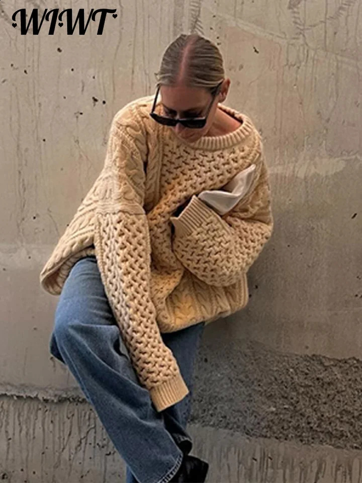 Oversized Knit Twist Pullovers Women Loose Lazy O-Neck Long Sleeve Solid Sweaters 2024 Autumn Female Casual Street Knitwear 241105