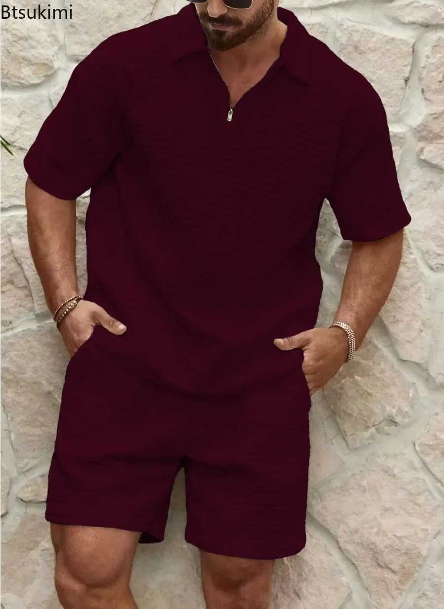 Mens Summer Wfle Casual Set Solid Smooth Loose Sports Set Half Zipper Short Sleeve Shirt Mens Track and Field Wear W241104