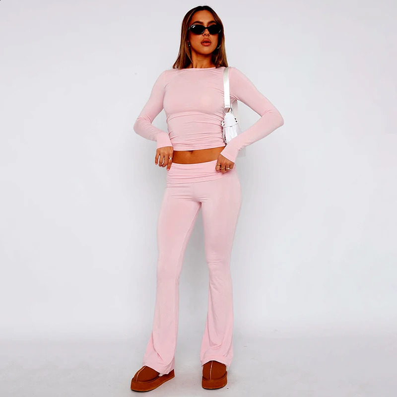 CUTENOVA WomenS Spring Casual 2 Piece Outfits Long Sleeve Crew Neck Crop Tops And Low Waist Flare Pants Lounge Sets Track 241105