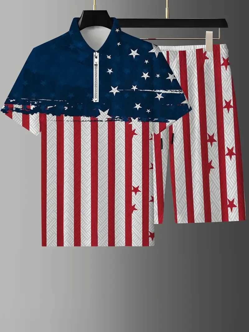 Zipper set summer mens 3D printed Australian flag pattern zipper shirt+shorts 2-piece unisex fashionable casual jacket W241104