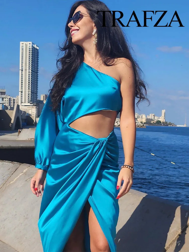 TRAFZA Dress For Women Yellow Asymmetric Satin Cut Out Long Dres Ruched Off Shoulder Elegant Dresses Evening Party Dresse 240327