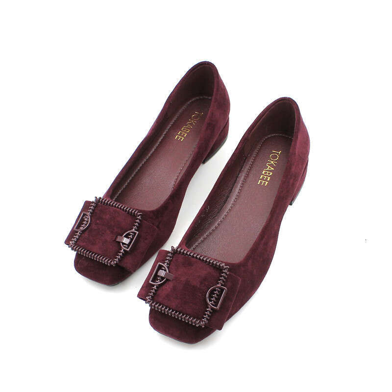 2023 Autumn New Versatile Square Buckle Shallow Mouth Coarse Custom For Women 3Cm Low Heel Women's Black Scoop Bean Shoes
