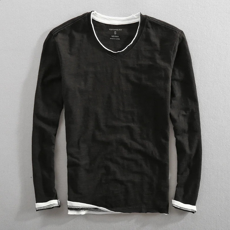 Mens Long Sleeve T-shirt Cotton V-neck Solid Casual Tops Tees for Men Japanese Vintage Frayed Collar and Raw Edges Tshirt 241105