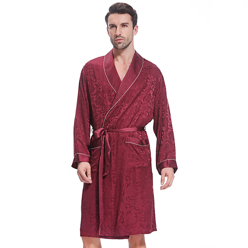 New designer spring and autumn long sleeved mulberry nightgown, fashionable high-end jacquard men's home clothing, bathrobe, silk gift
