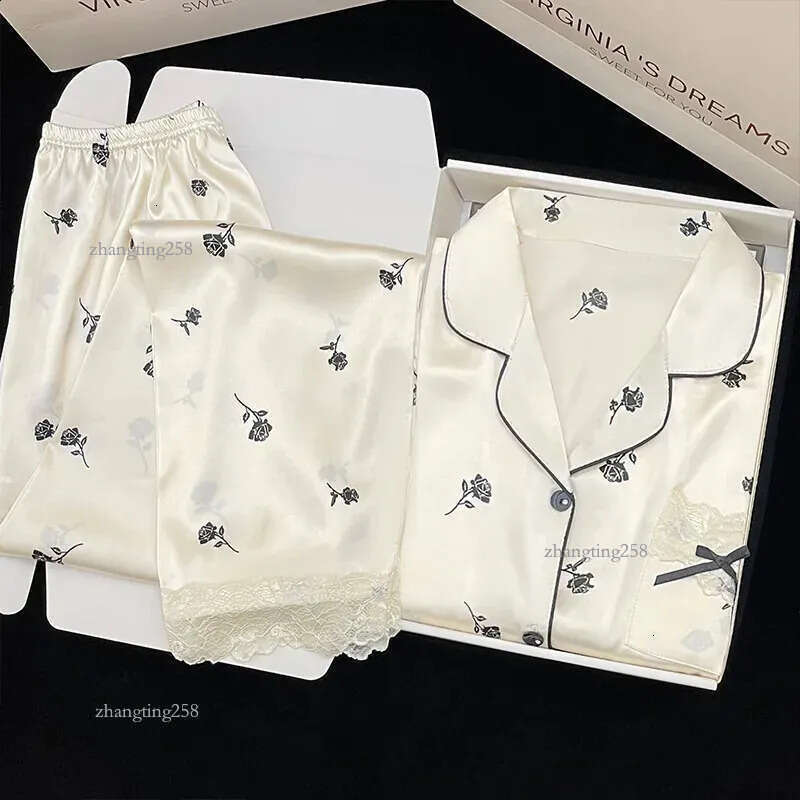 Womens Pajamas Set Spring Autumn 2 Piece Print Rose Pyjama Lace Faux Silk Satin Sleepwear Long Sleeve Pijama Mujer Pjs Homewear 240815