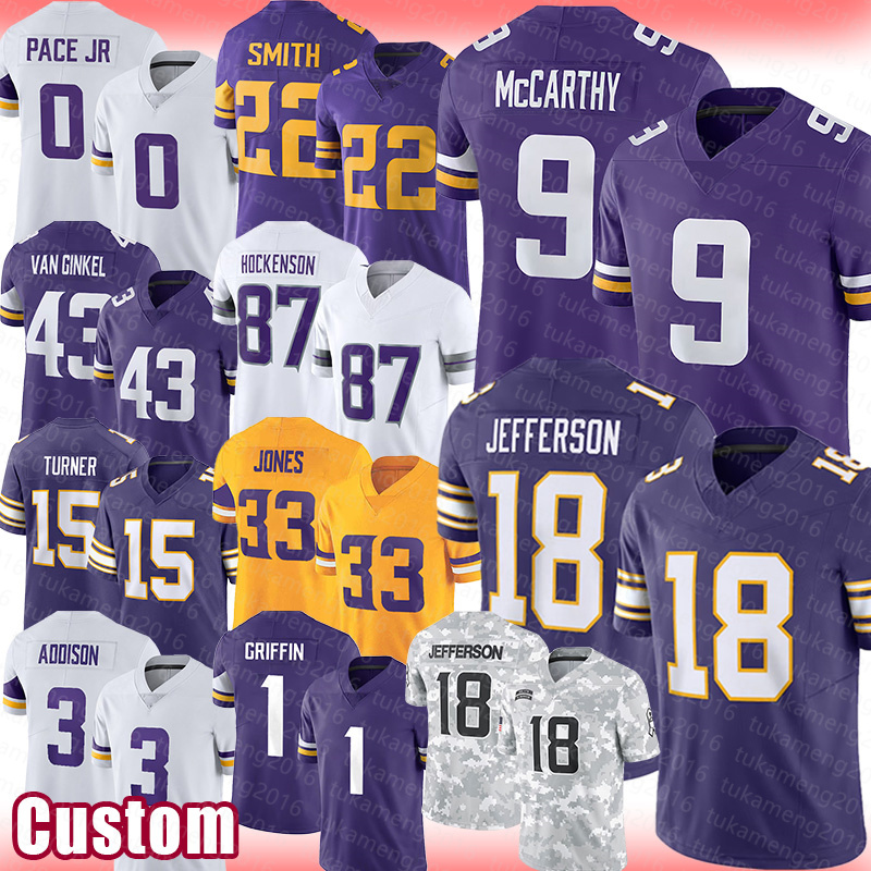 J.J. McCarthy Football Jersey Justin Jefferson Harrison Smith Ivan Andrew Van Ginkel T.J. Hockenson Turner Aaron Jones Addison Shaq Randy Moss Lucky Jackson