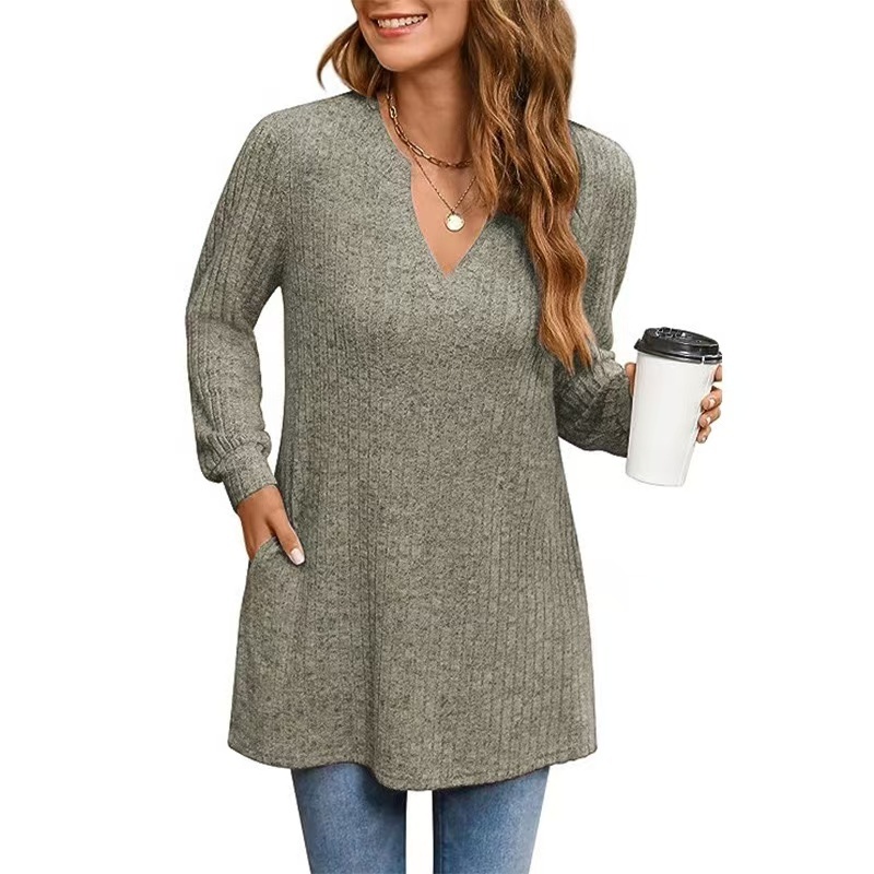 Women's Sweaters Autumn Winte Knitted Shirt Long Sleeved Solid Side Split Loose Top With Pockets Vintage Sweater