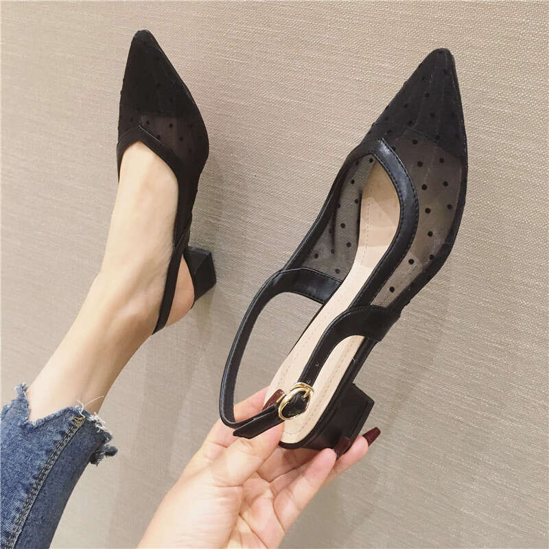 Mid Heeled Trend 2023 Spring/Summer New Item For Outerwear, Coarse Single Shoes, Pointed Shallow Mouth Breathable Sandals, Bag Head, Women's Shoe