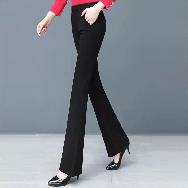 Autumn Winter Womens Korean Fashion Elegant Plush Thick Flare Pants Office Lady Black High Waist Slim Trousers Pantalones 241105