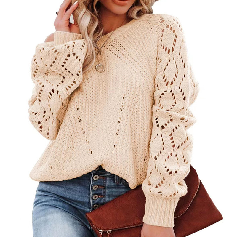 Hollow Pattern Round Neck Sweater Solid Color Loose Top Women's Autumn And Winter New Item